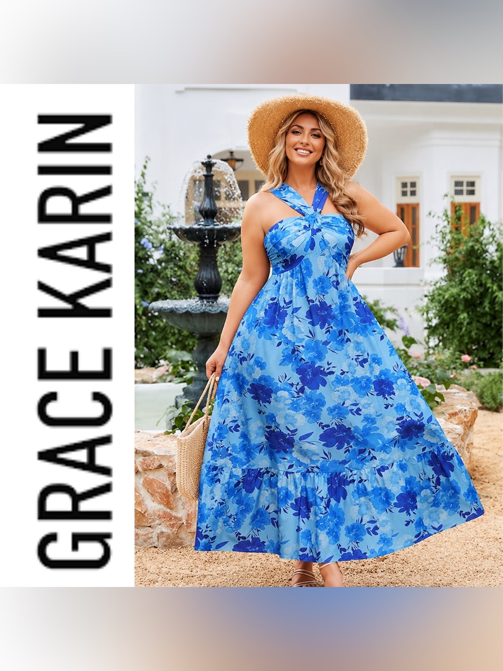 Grace Karin Blue & White Floral Criss Cross Halter Maxi Dress, XL, NWT!